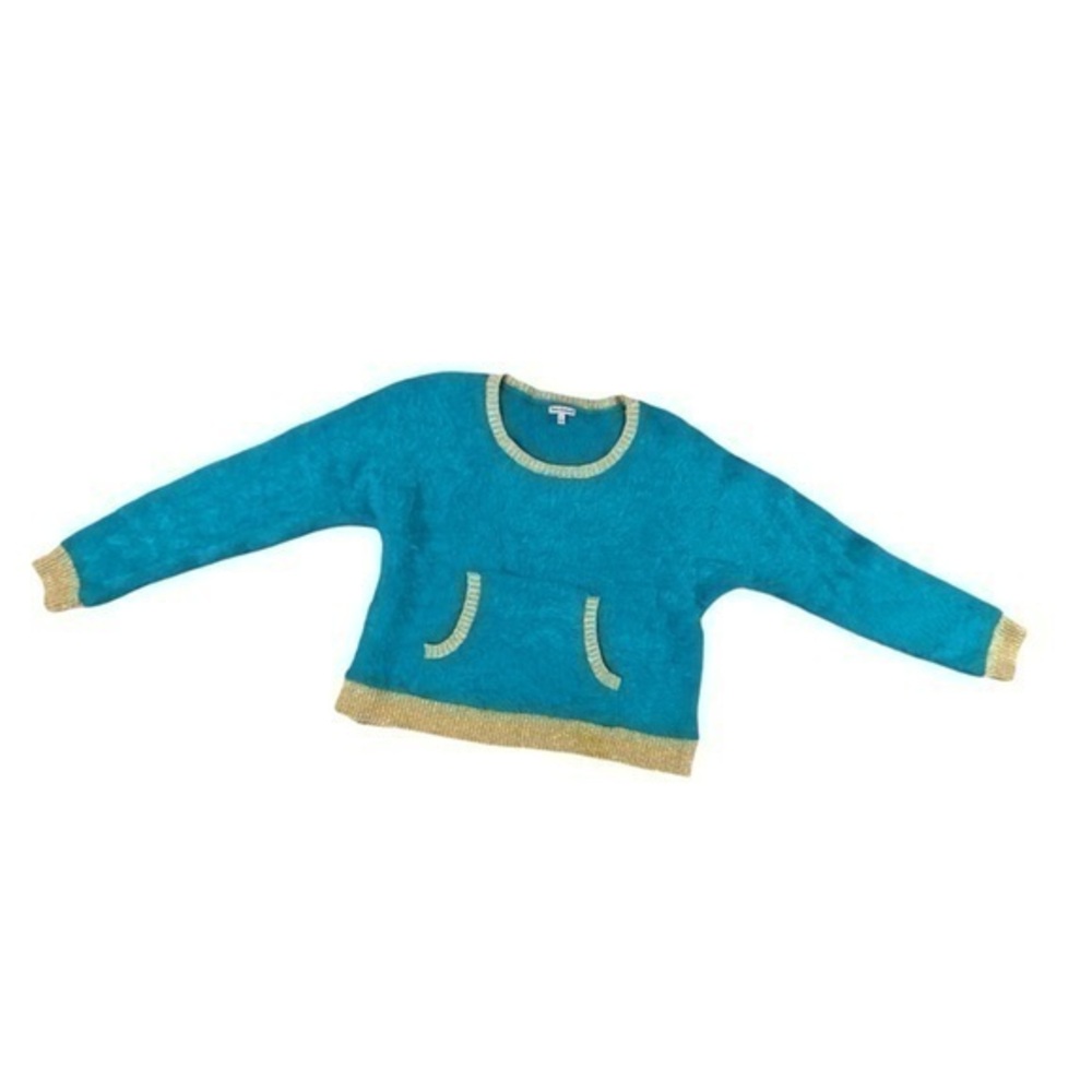 Juicy Couture, size Large, fuzzy sweater with fur, blue and gold shimmer